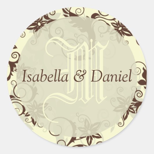 Damask Flowers Wedding Couple Names Monogram Ronde Sticker (Voorkant)
