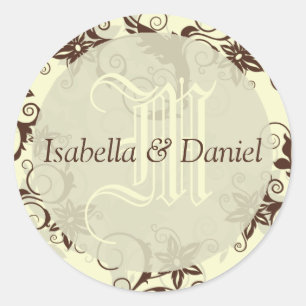 Damask Flowers Wedding Couple Names Monogram Ronde Sticker