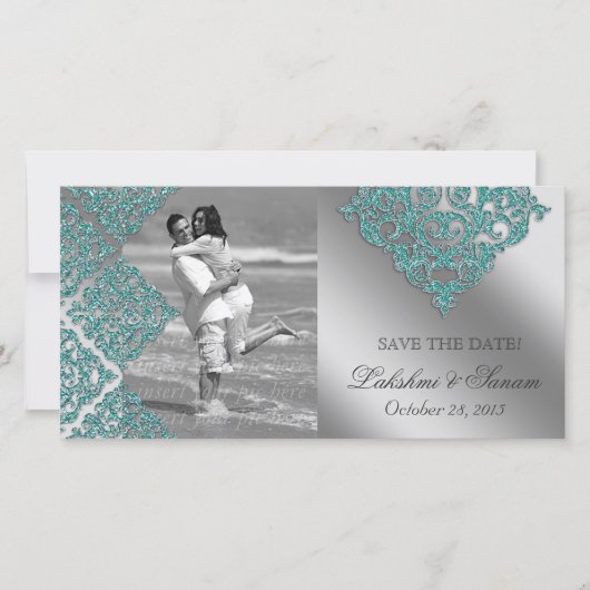 Damask Fotokaart Save the Date Glans Teal (Voorkant)