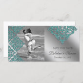 Damask Fotokaart Save the Date Glans Teal (Voorkant / Achterkant)