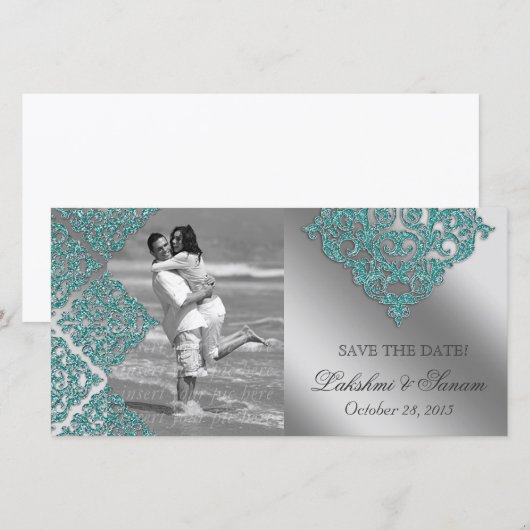 Damask Fotokaart Save the Date Glans Teal (Voorkant / Achterkant)
