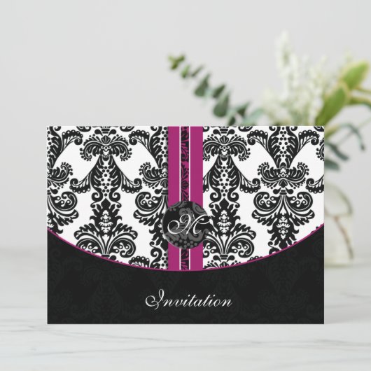damask fuchsia bruiloft uitnodiging (Staand voorkant)