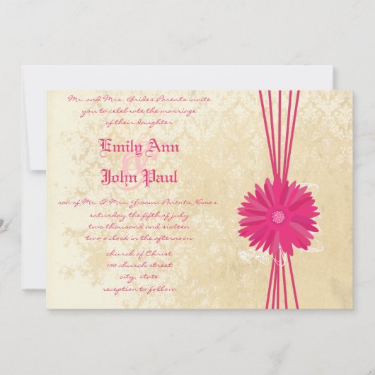 Damask Fuchsia Gerber Daisy Wedding Invitation Kaart (Voorkant)