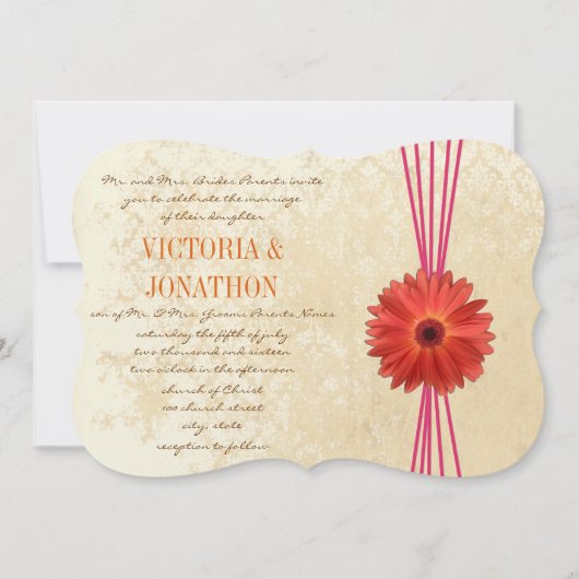 Damask Fuchsia Gerber Daisy Wedding Invitation Kaart (Voorkant)