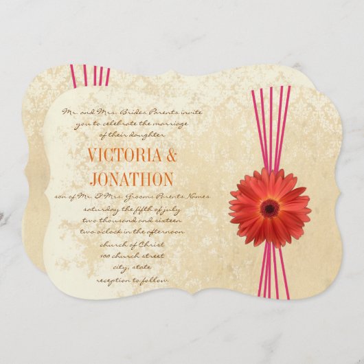 Damask Fuchsia Gerber Daisy Wedding Invitation Kaart (Voorkant / Achterkant)