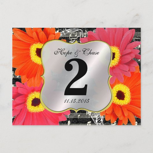 Damask Fuchsia Gerber Daisy Wedding Table Number Briefkaart (Achterkant)
