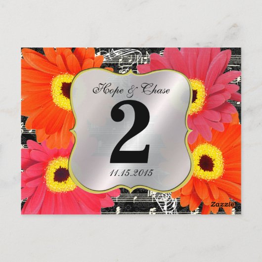Damask Fuchsia Gerber Daisy Wedding Table Number Briefkaart