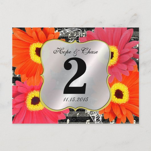 Damask Fuchsia Gerber Daisy Wedding Table Number Briefkaart (Voorkant)
