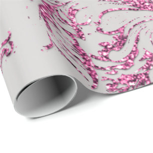 Damask Fuchsia Pink Metallic Grey Glitter Cottage Cadeaupapier