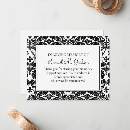 Damask Funeral Note Card Flat Bereavement Note Notitiekaartje (Voorkant / Achterkant in situ)