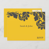 Damask Geel en Grijs Wedding RSVP Uitnodiging Briefkaart (Voorkant / Achterkant)