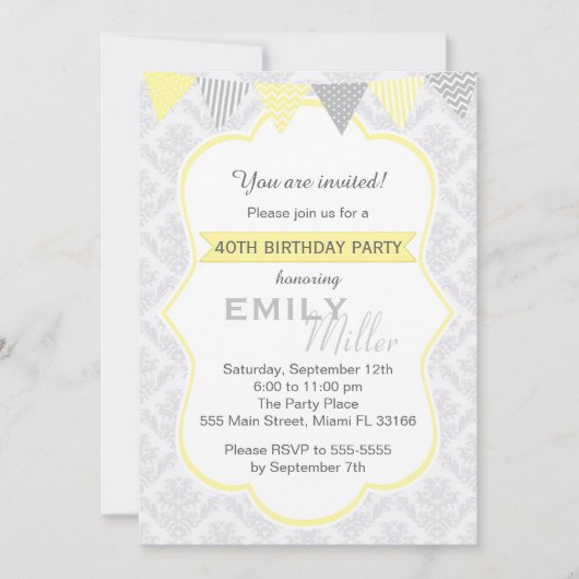 Damask Geel Grijs Volwassen Verjaardag Uitnodiging (Voorkant)