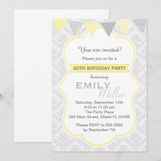 Damask Geel Grijs Volwassen Verjaardag Uitnodiging (Voorkant / Achterkant)