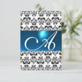 DAMASK GEM MONOGRAM blue white rsvp Kaart (Staand voorkant)