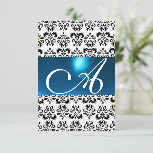 DAMASK GEM MONOGRAM blue white rsvp Kaart (Staand voorkant)