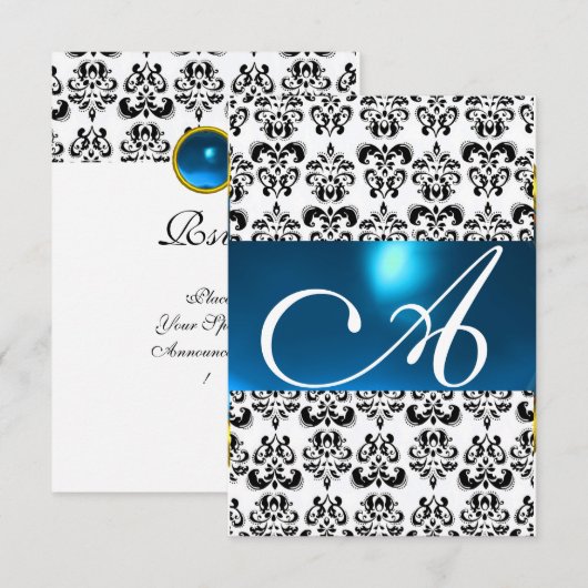 DAMASK GEM MONOGRAM blue white rsvp Kaart (Voorkant / Achterkant)