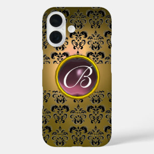DAMASK GEM MONOGRAM geel zwart paarse iPhone 16 Hoesje