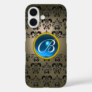 DAMASK GEM MONOGRAM grijs zwart blauw iPhone 16 Hoesje