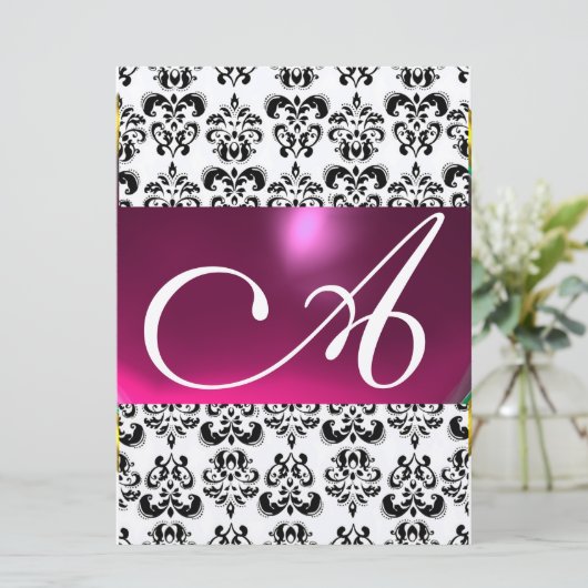 DAMASK GEM MONOGRAM paars roze zwart wit zilver Kaart (Staand voorkant)