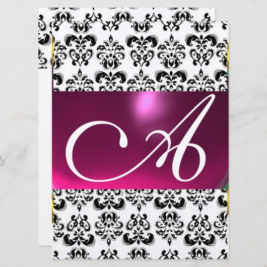 DAMASK GEM MONOGRAM paars roze zwart wit zilver Kaart (Voorkant / Achterkant)