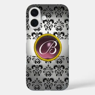 DAMASK GEM MONOGRAM wit zwart paars iPhone 16 Hoesje