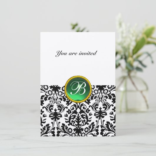 DAMASK GEM STONE MONOGRAM jade green vilt rsvp Kaart (Staand voorkant)