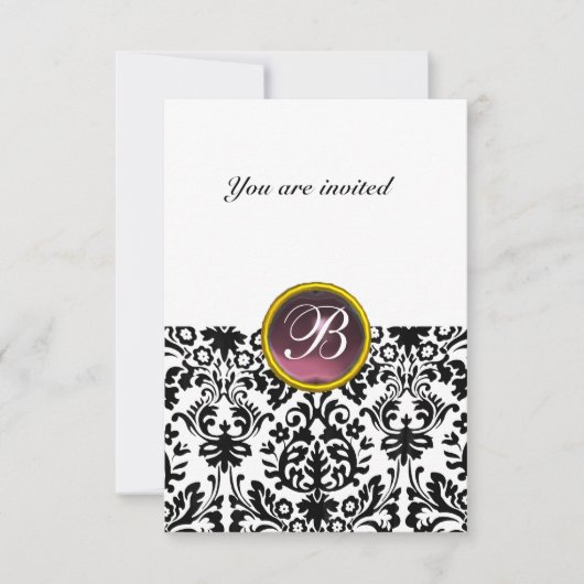 DAMASK GEM STONE MONOGRAM paars witte rsvp Kaart (Voorkant)