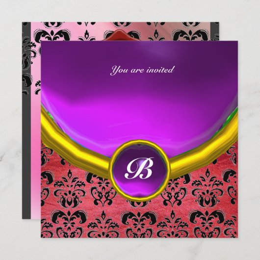 DAMASK GEM STONE MONOGRAM paarse roze zijde zwart Kaart (Voorkant / Achterkant)