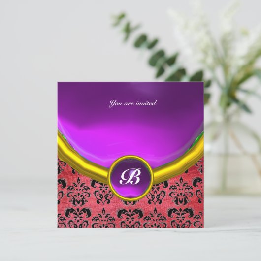 DAMASK GEM STONE MONOGRAM paarse roze zijde zwart Kaart (Staand voorkant)