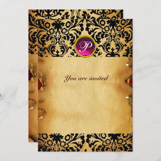 DAMASK GEM STONE MONOGRAM parchment paars roze Kaart (Voorkant / Achterkant)