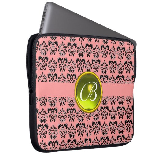 DAMASK GEM STONE MONOGRAM roze zwart Laptop Sleeve (Voorkant Rechts)