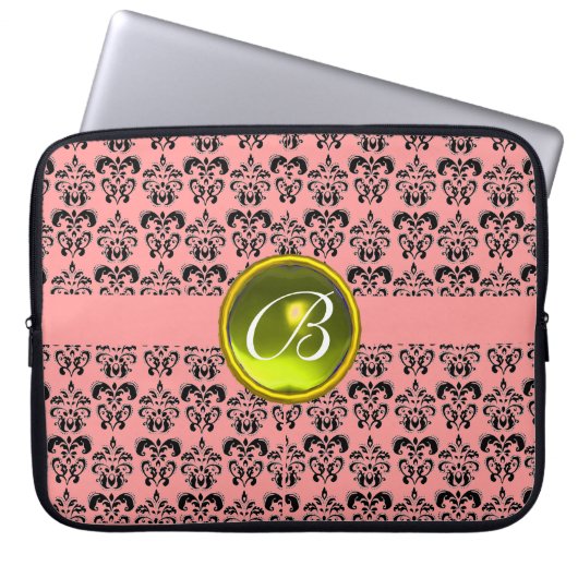 DAMASK GEM STONE MONOGRAM roze zwart Laptop Sleeve (Voorkant)