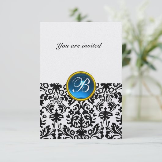 DAMASK GEM STONE MONOGRAM sapphire blue ice rsvp Kaart (Staand voorkant)