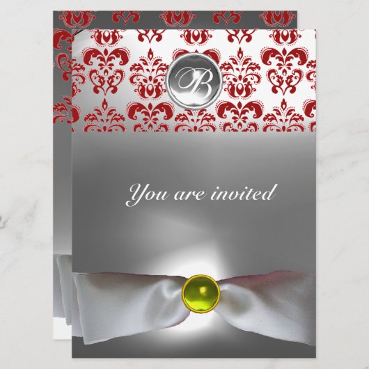 DAMASK GEM STONE MONOGRAM white ribbon grijs red Kaart (Voorkant / Achterkant)