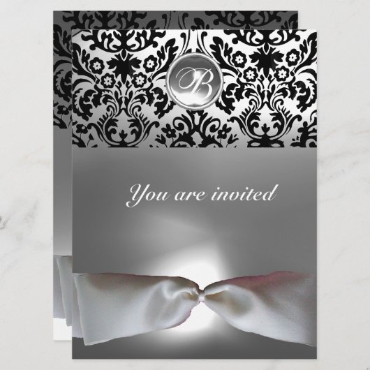 DAMASK GEM STONE MONOGRAM white ribbon grijs zwart Kaart (Voorkant / Achterkant)