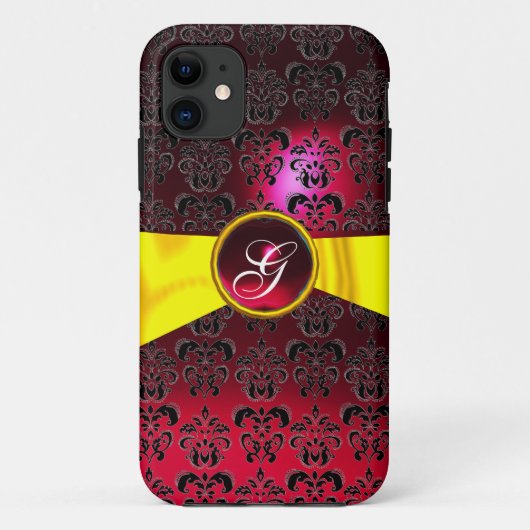 DAMASK GIRLY MONOGRAM Red Goudgele lint Case-Mate iPhone Case (Achterkant)