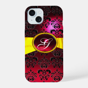 DAMASK GIRLY MONOGRAM Red Goudgele lint iPhone 15 Hoesje