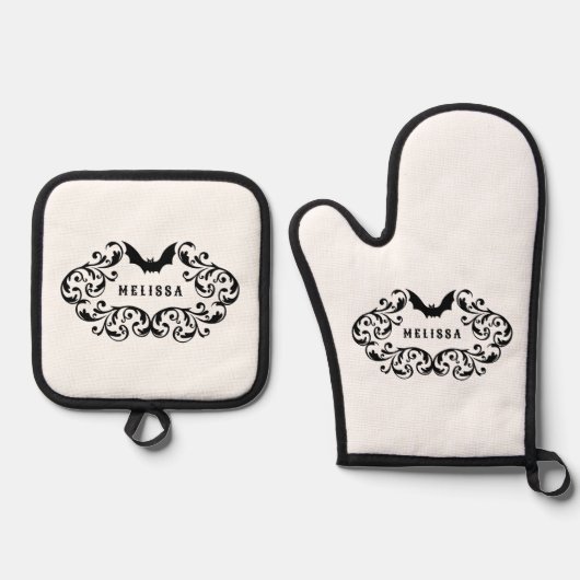 Damask Glam Bat gepersonaliseerd Ovenwant & Pannenlap Set (Voorkant)