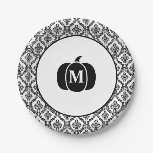 Damask Glam Monogram Halloween Pumpkin Papieren Bordje