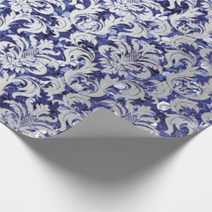 Damask Glitter Blue Navy Silver Grey Royal Cottage Cadeaupapier