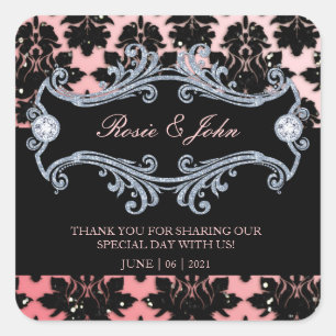 Damask Glitter Coral Wedding Monogram Square Stick Vierkante Sticker