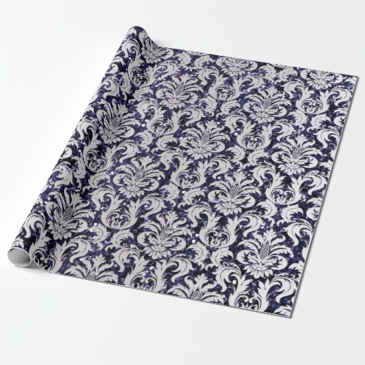 Damask Glitter Silver Gray Royal Blue Navy Cadeaupapier (Uitgerold)