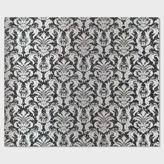 Damask Glitter Silver Grey Black Royal Metallic Cadeaupapier (Vlak)
