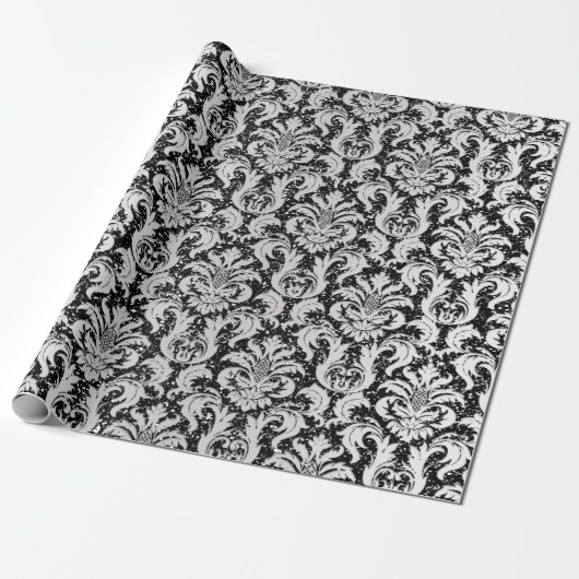 Damask Glitter Silver Grey Black Royal Metallic Cadeaupapier (Uitgerold)