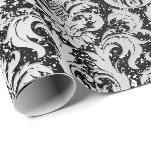 Damask Glitter Silver Grey Black Royal Metallic Cadeaupapier (Rol Hoek)