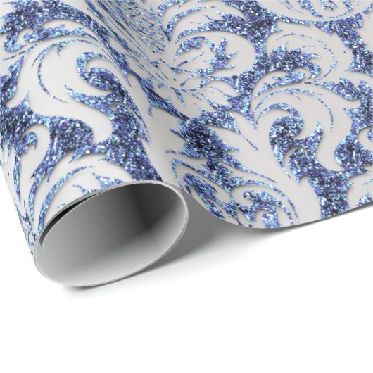 Damask Glitter Silver Grey Royal Sapphire Blue Cadeaupapier (Rol Hoek)