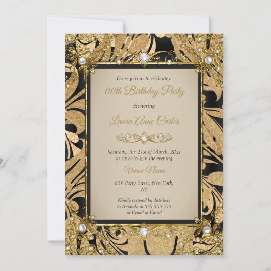 Damask Gold Beige Pearl Photo Birthday Party Kaart (Voorkant)