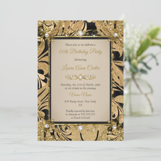 Damask Gold Beige Pearl Photo Birthday Party Kaart (Staand voorkant)