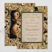 Damask Gold Beige Pearl Photo Birthday Party Kaart (Voorkant / Achterkant)