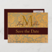 Damask Gold Bewaar de datum Monogram Aankondiging (Voorkant / Achterkant)